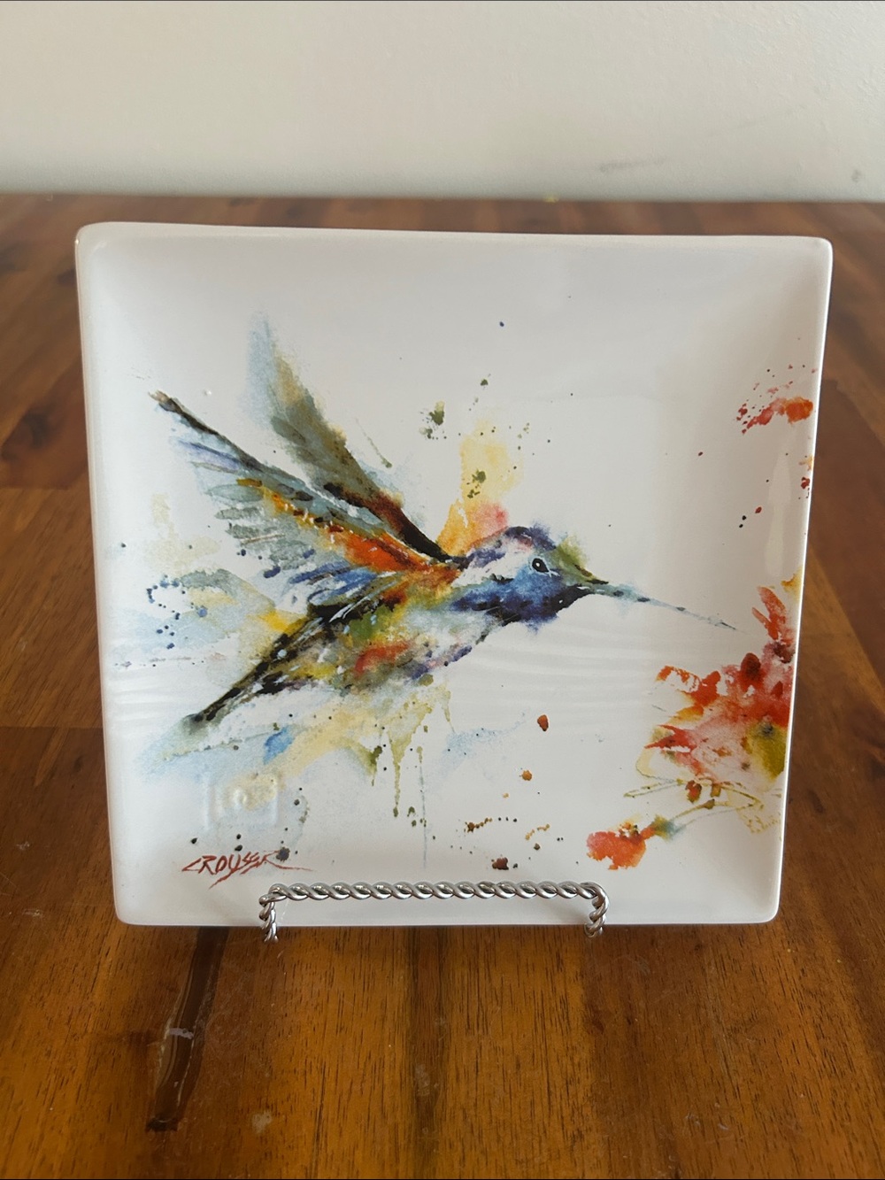 Demdaco Artist Dean Crouser Hummingbird Watercolor Ceramic  7"Square Snack Plate